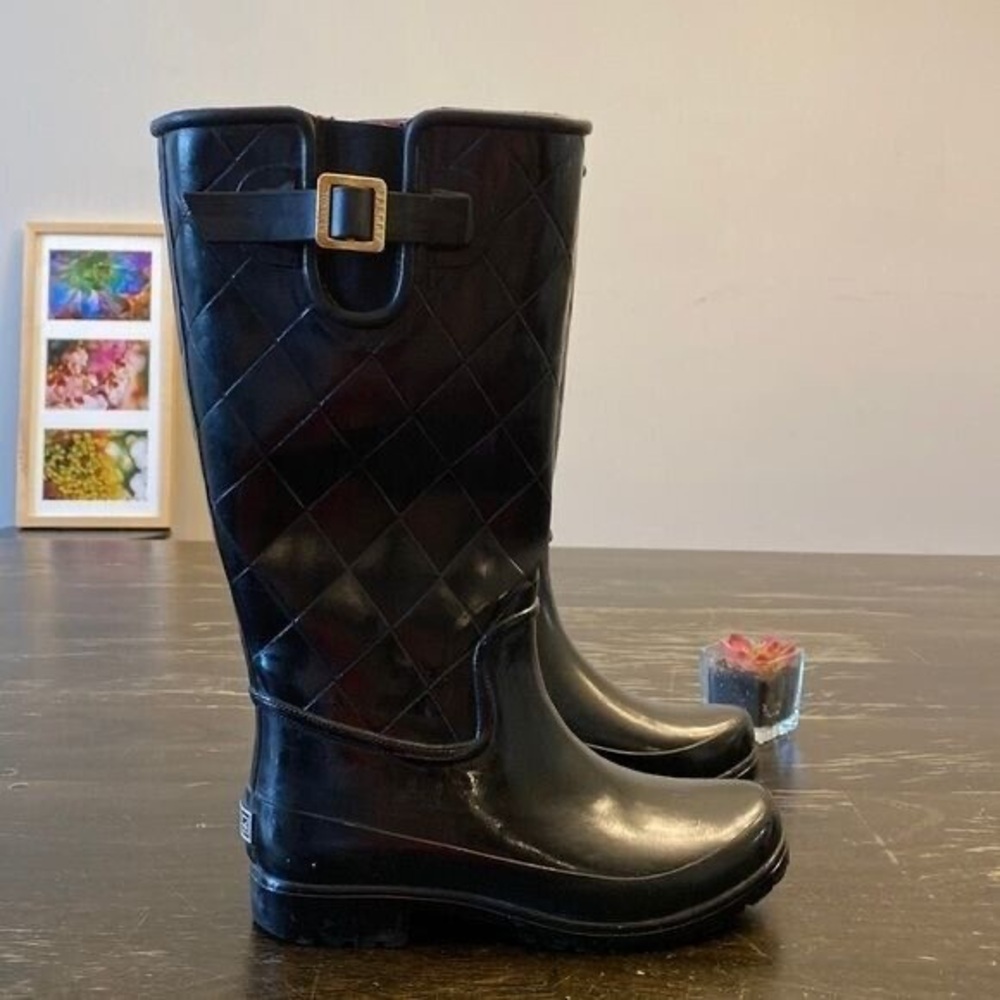 SPERRY Black rubber pull on tall rain boots heel waterproof women size 10 - Picture 5 of 5